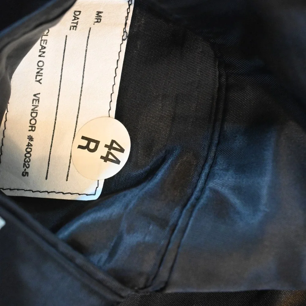 Vtg USA Made Double Breasted 44R 38x30 Black Striped 100% Wool Jacket Pants Suit
